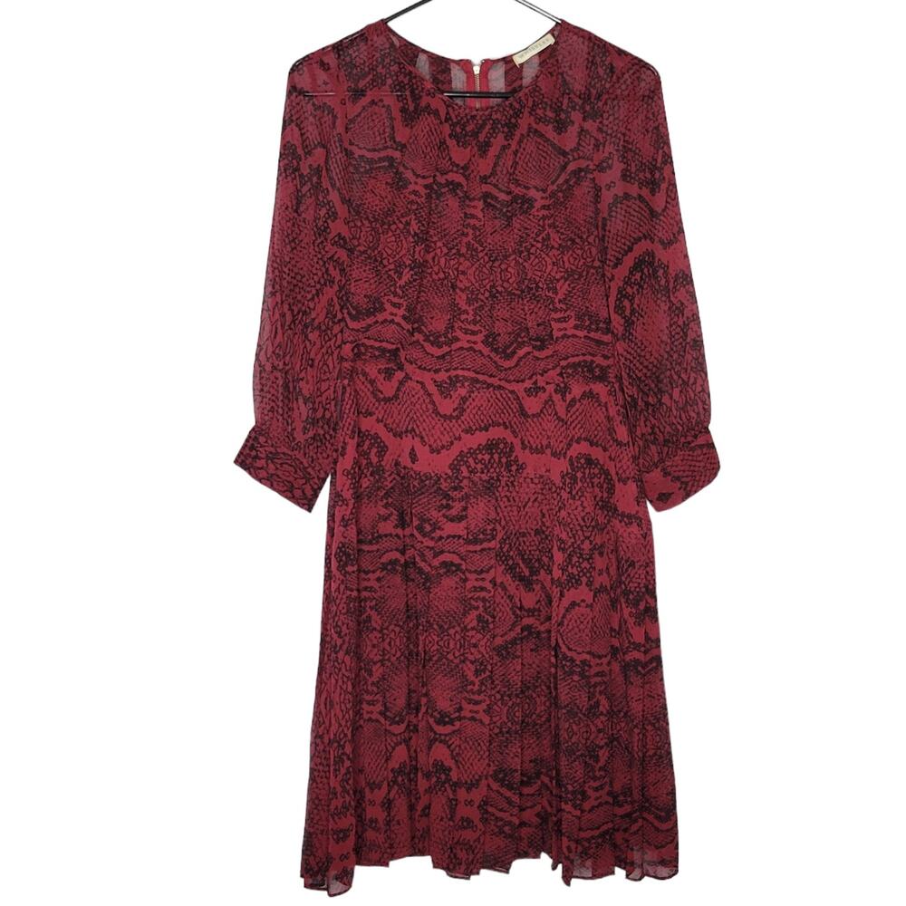 Whistles Red & Black Snakeskin Long Sleeve Pleated Knee Length Dress Women's 8